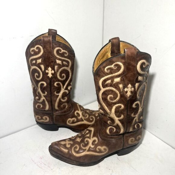Tony Lama Brown and Cream Heeled Boots - Picture 4 of 11
